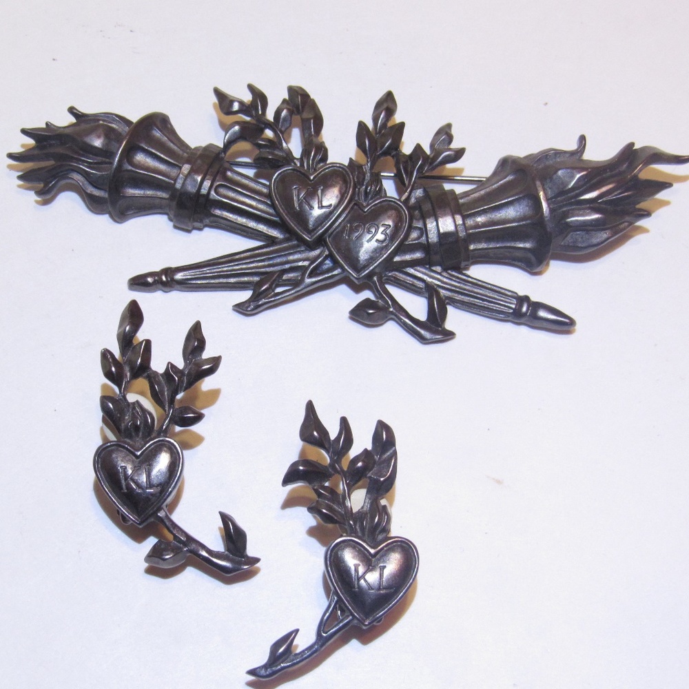 Vintage Lagerfeld Torch Hearts Brooch Earring Set